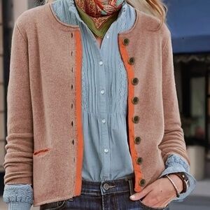 New rose brown colour with orange trim cardigan, medium, $38.
